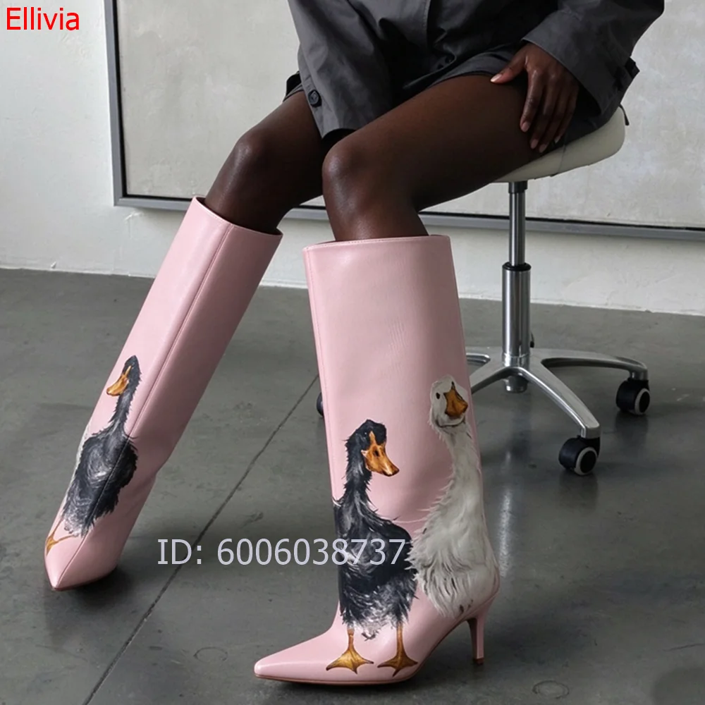 Women pink Knee High Boots Leather Duck Goose Animal Print Pointed Toe Stiletto High Heel Fashion Ladies Party Tall Boots