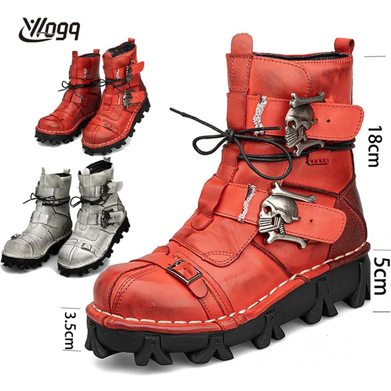 New Men\'s Genuine Leather Motorcycle Boots Tactical Combat Boots Mid-calf Gothic Skull Boots Red Punk Cowboy Boots Buckle Strap