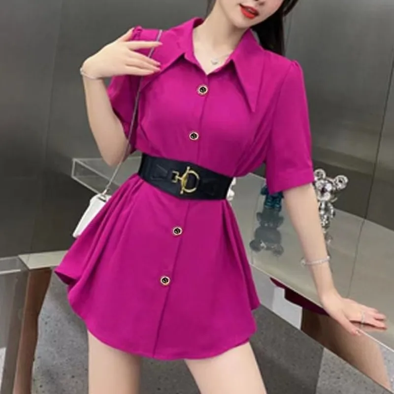 Women 2024 Summer New Korean Solid Color Fashion Square Neck Loose Versatile Cardigan Button Short Sleeve Mid Length Shirts Tops