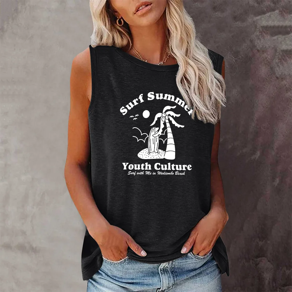 Seeyoushy Surf Summer Youth Culture Print New Fashion Harajuku T-Shirt Women's T Shirt Sleeveless Summer Top Femme O-neck Tees