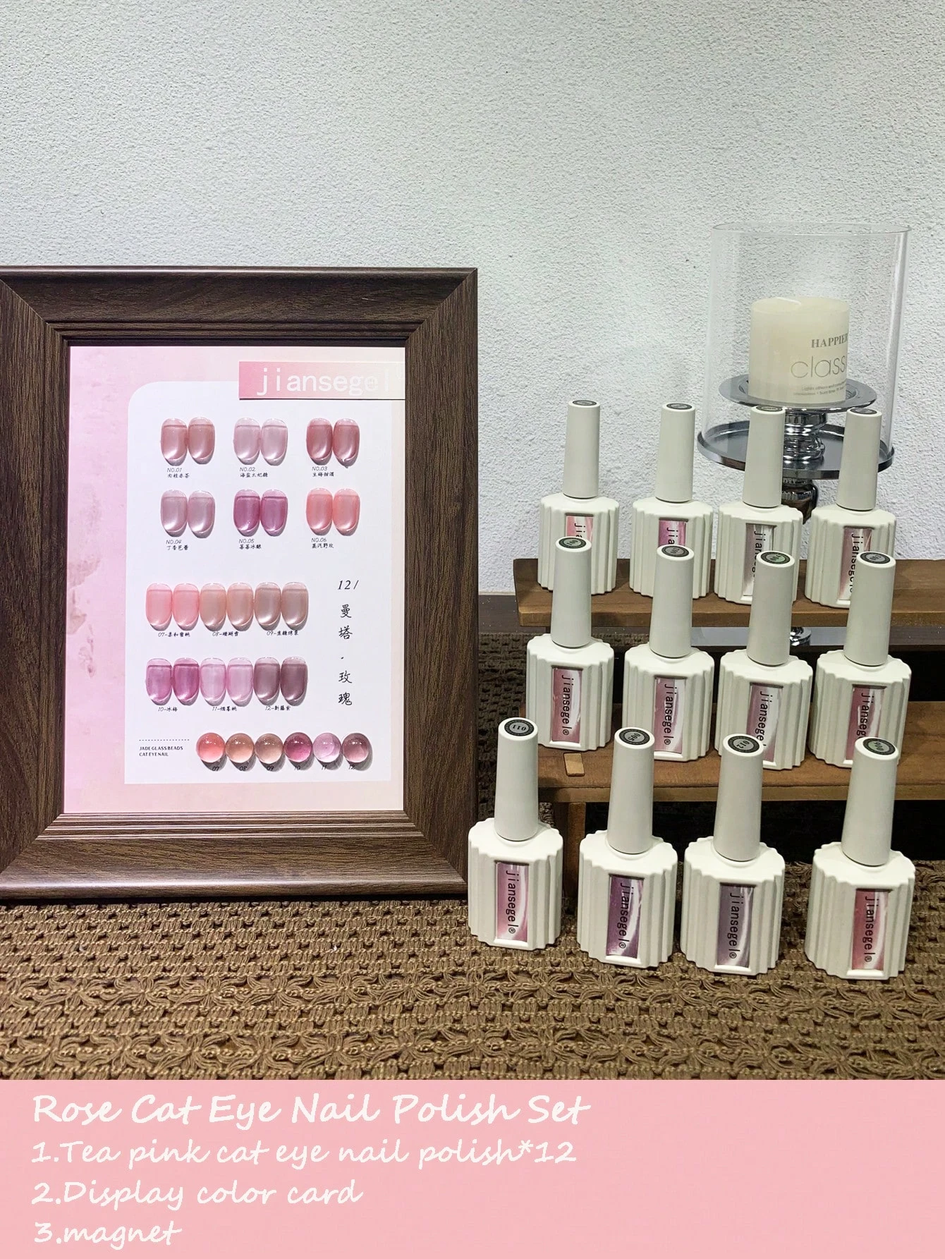

12 Pieces 15 ML Cat Eye Pink Glass Nail Polish Ice Transparent Pink UV Nail Gel Set with Manicure Display Color Card