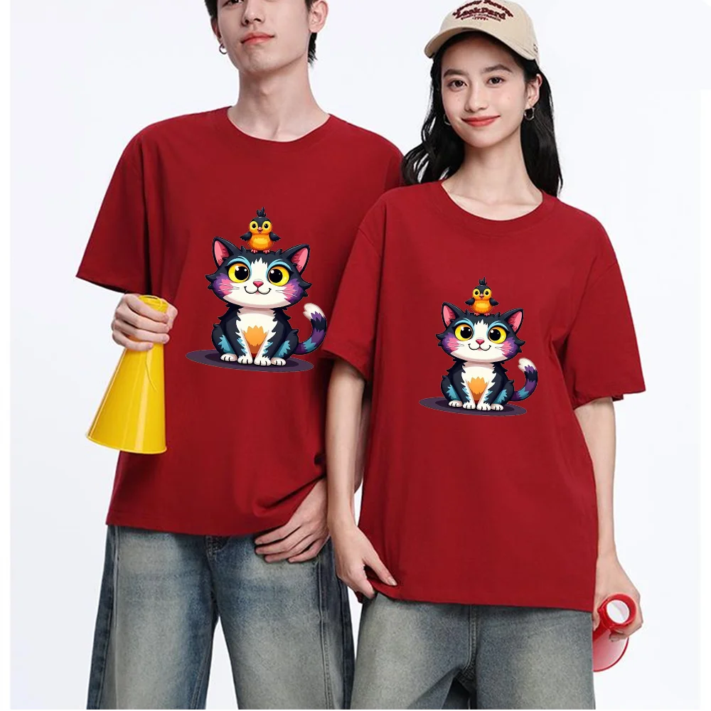 Cute Cat And Bird Graphic Printed T Shirt Breathable Fabric S-XXL Personalized Custom Casual Short Sleeve Tee Unisex Fit Aesthet