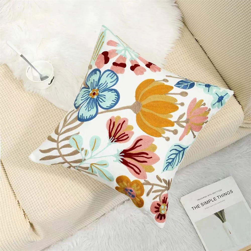 Canvas Towel Embroidered Pillowcase 45*45cm Flower Plant Style Square Throw Pillow Cushion Case for Couch Living Room Home Decor