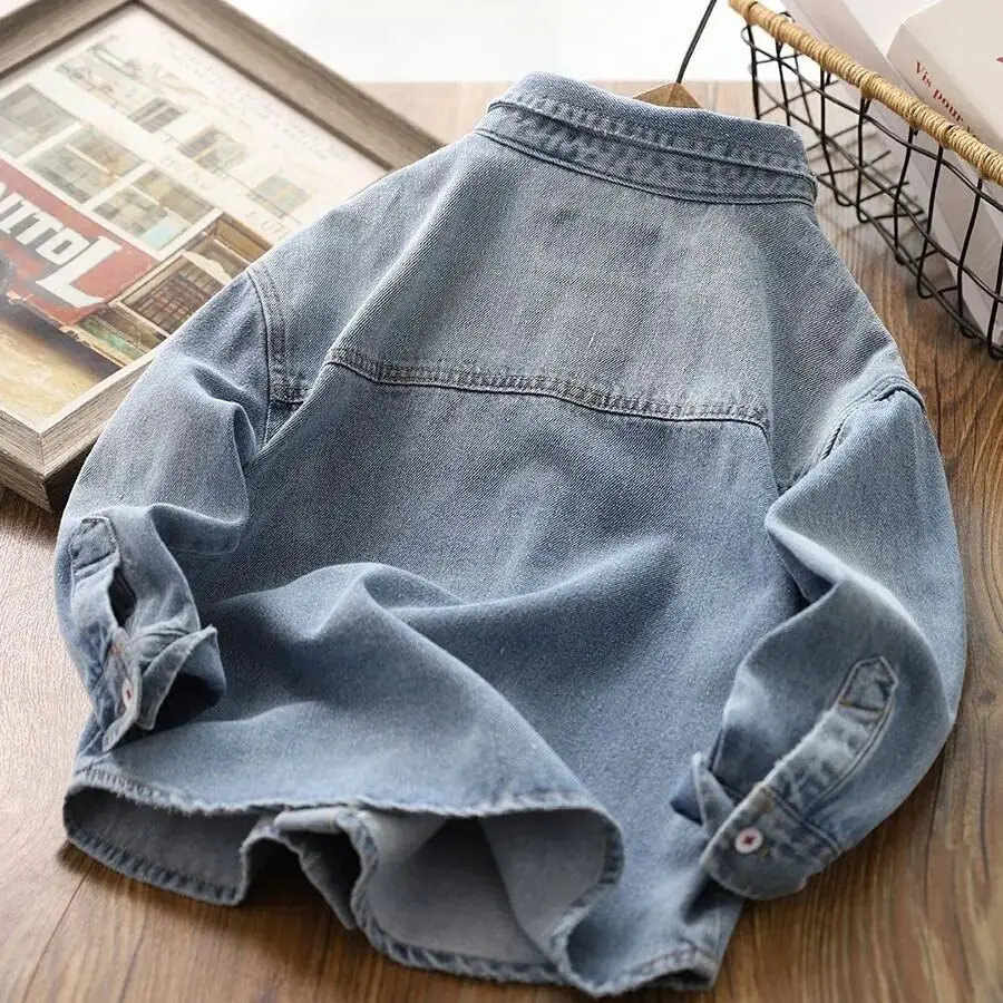 Fashion Boys Blue Denim Shirts Long Sleeved Turn Down Collar Loose Casual Shirt Spring Autumn Children Jean Tops