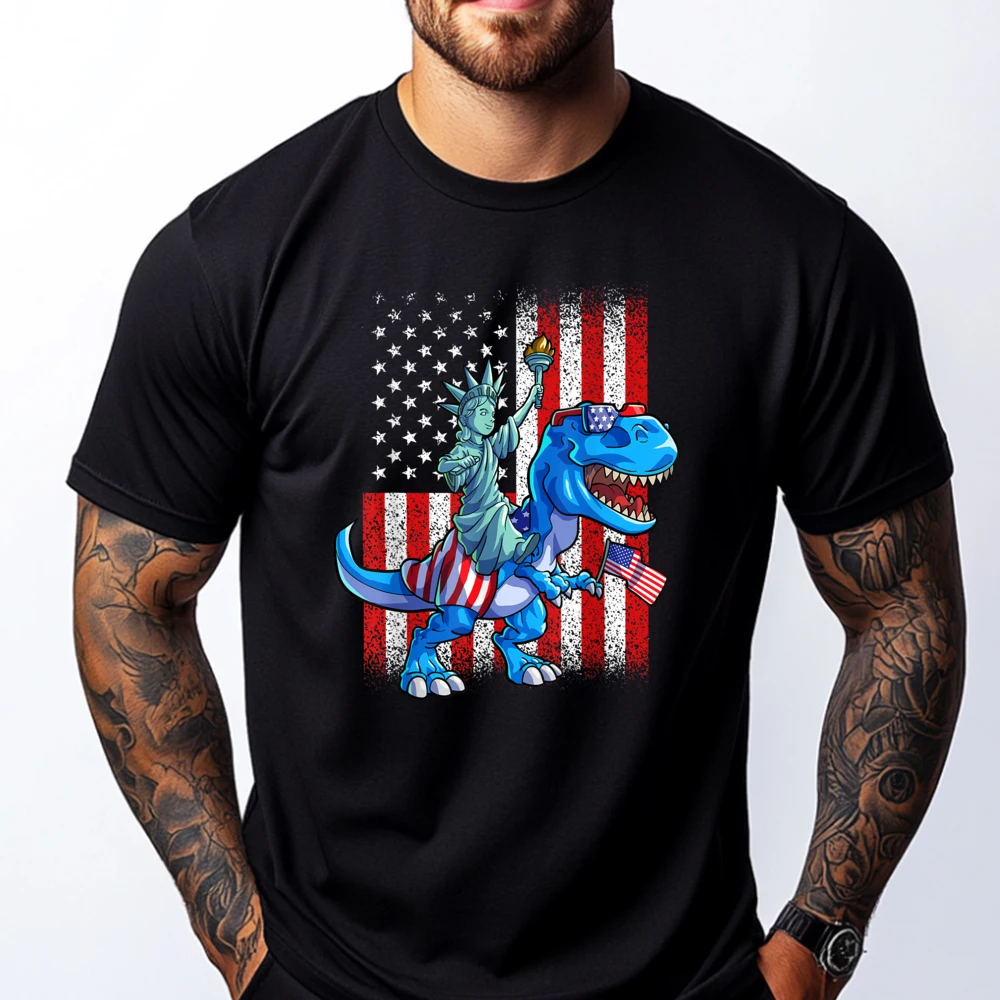 

Dino Statue Of Liberty 4th Of July Shirt Boys American Flag Funny Shirt Luxury Brand Alphabet