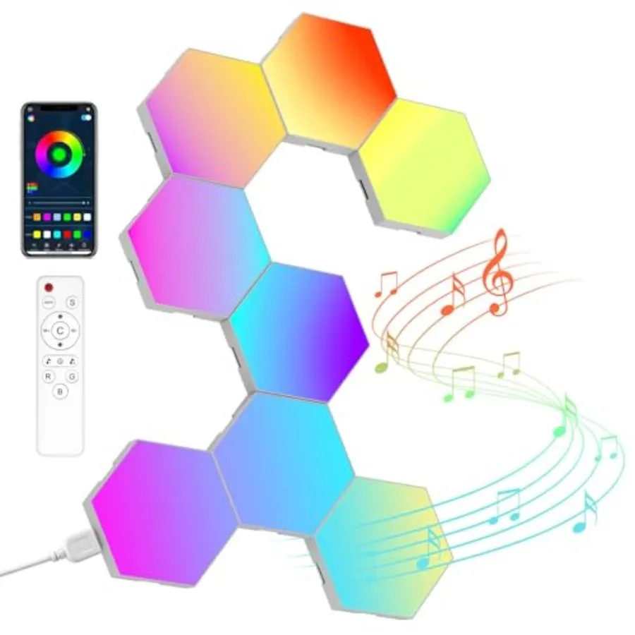 

【New model】Hexagon LED Lights Wall Panels Smart RGB Gaming Lights with APP and Music Sync DIY Modular Hex Tiles USB-Powered for