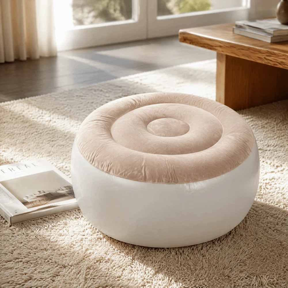 PVC Inflatable Foot Stool Light Brown Beige Quick Air Charge Inflatable Ottoman Chair Portable Flocking Surface Foot Stool