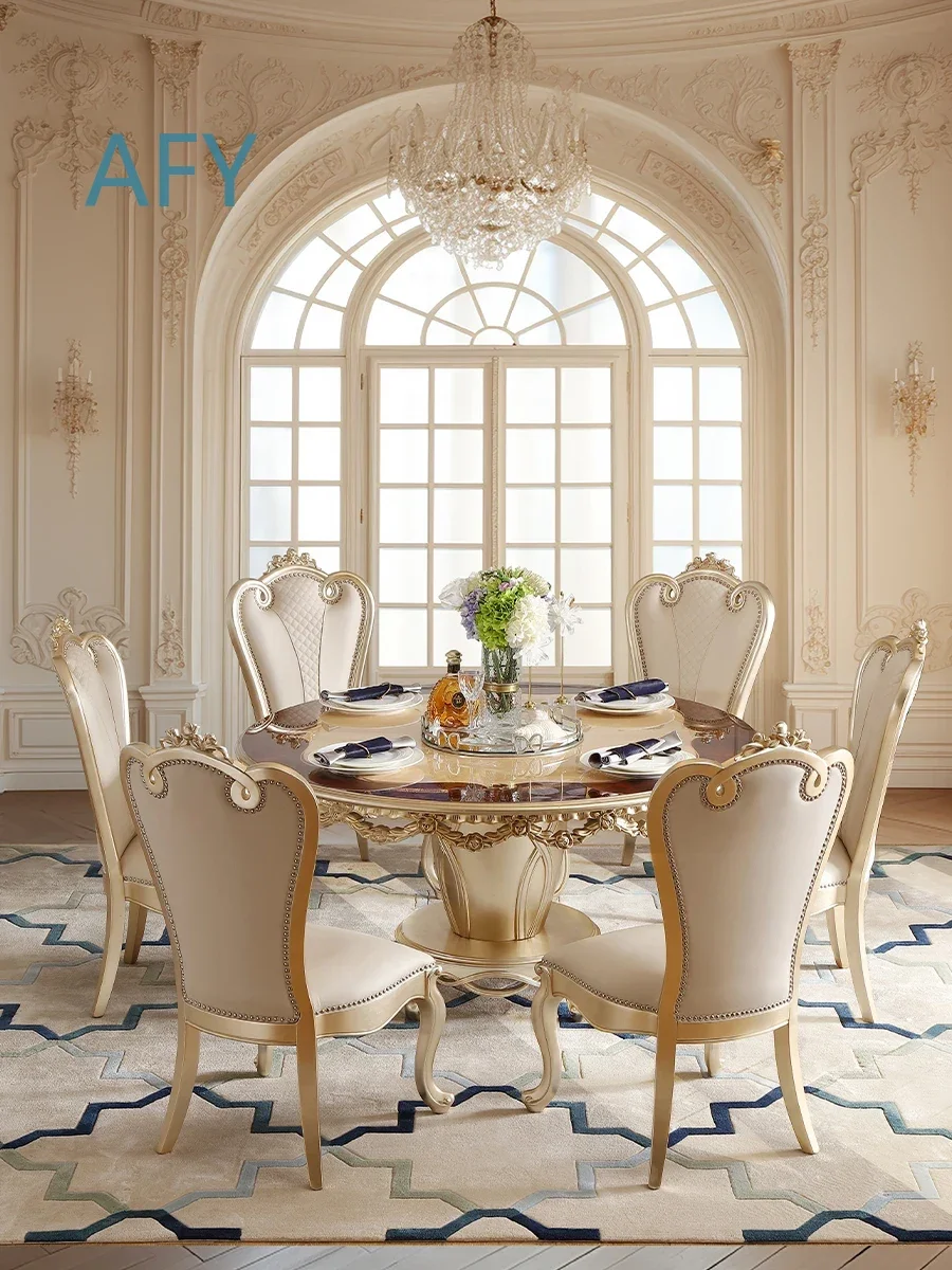 Solid Wood Carved Flower Silver Foil Round Dining Table for European Style Luxury Turntable Set with Chairs for Modern Home