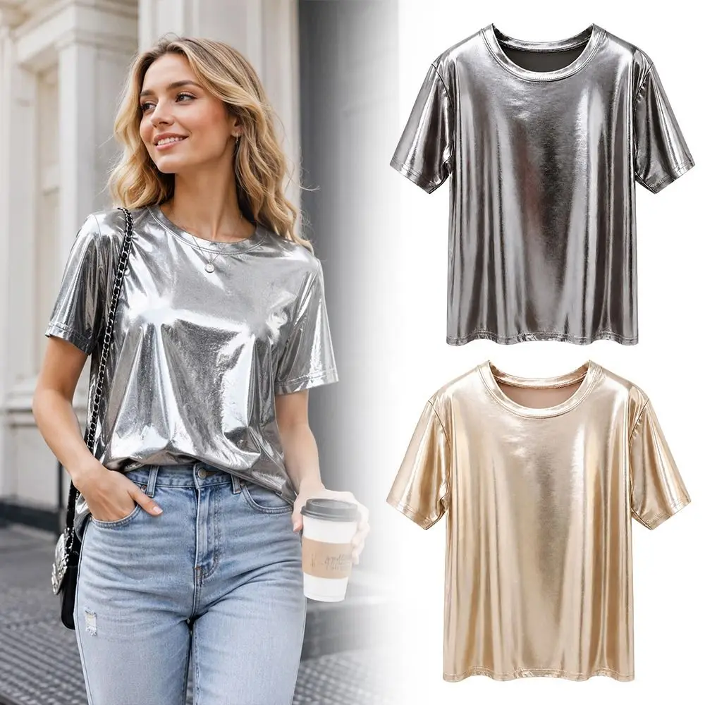 Fashion Summer T-shirt Bright Silk Shiny Short Sleeve Tshirt Aesthetic Stylish Dance Wear Club