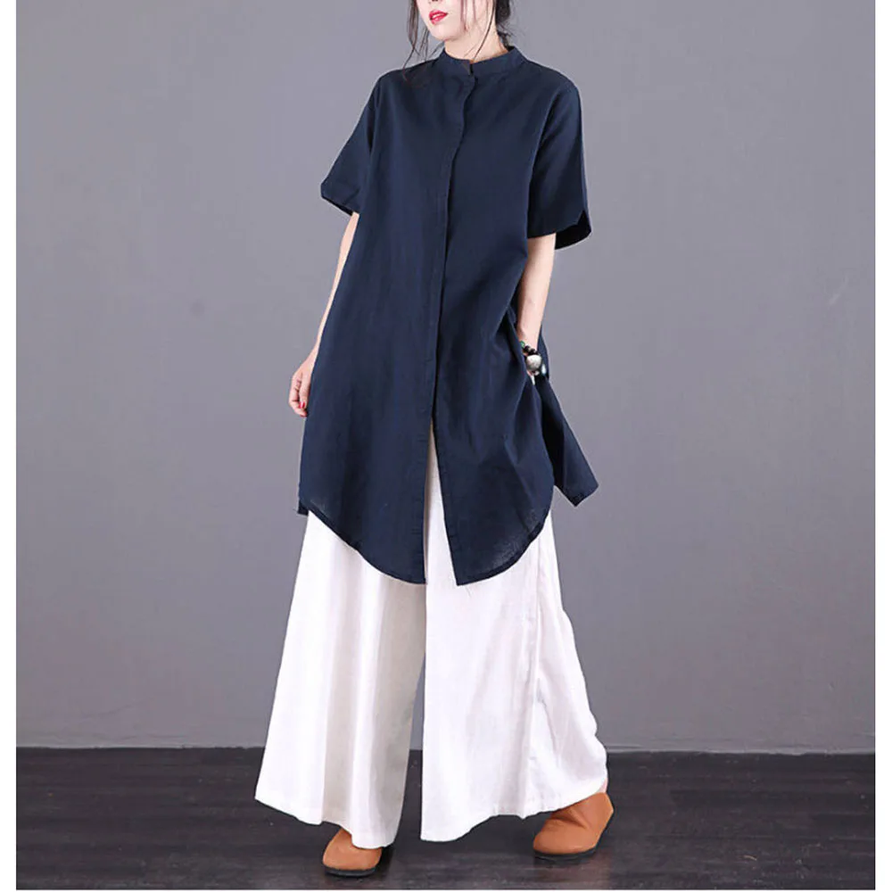 New Spring Summer Large Size Long Cardigan Blouse Jacket And Long Loose Wide-leg Pants Two-piece Sets Women Cotton Linen Outfits
