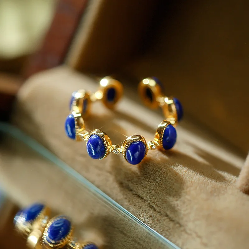 

S925 Silver Plated Gold Inlaid Natural Lapis Lazuli Ring Egg-shaped Fashionable and Chic Adjustable Ring