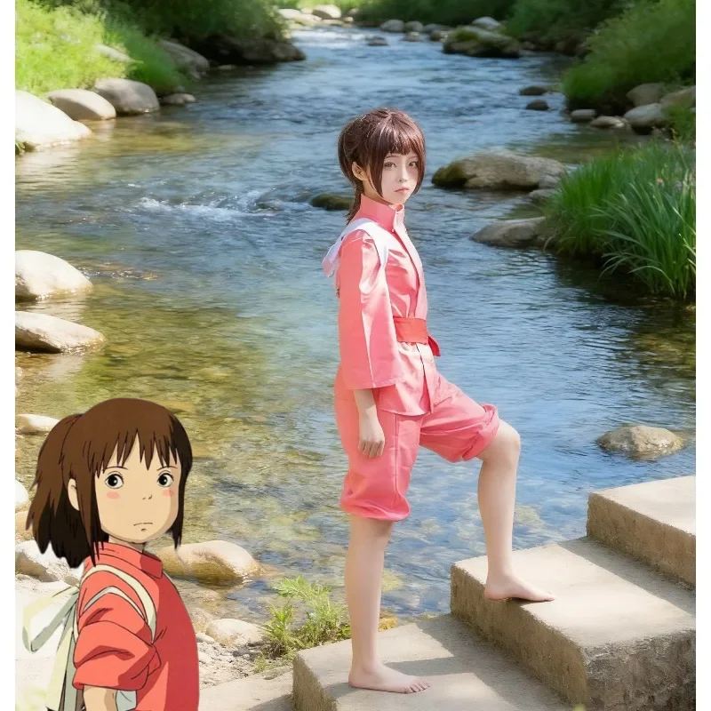 

Anime Character Chihiro Cosplay Costume Adult Pink Kimono Top Trouser Belt Cos Convention Halloween Christmas Party For Women