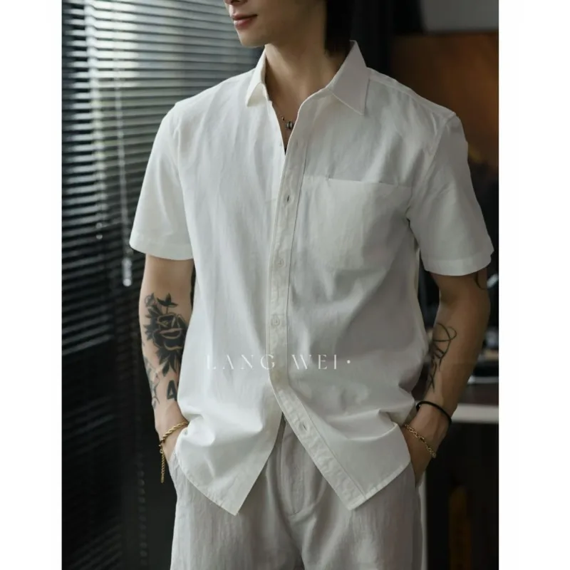 

Simple Pocket Short Sleeved Shirt Men Summer Solid Color 100% Cotton Casual Shirts Business Social Office Formal Uniform Shirt
