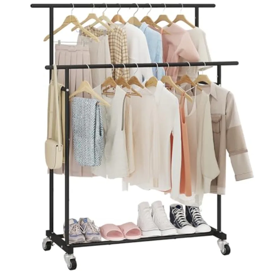 

Double Rod Clothing Garment Rack, Rolling Hanging Clothes Rack, Portable Clothes Organizer for Bedroom, Living Room, Clothing S