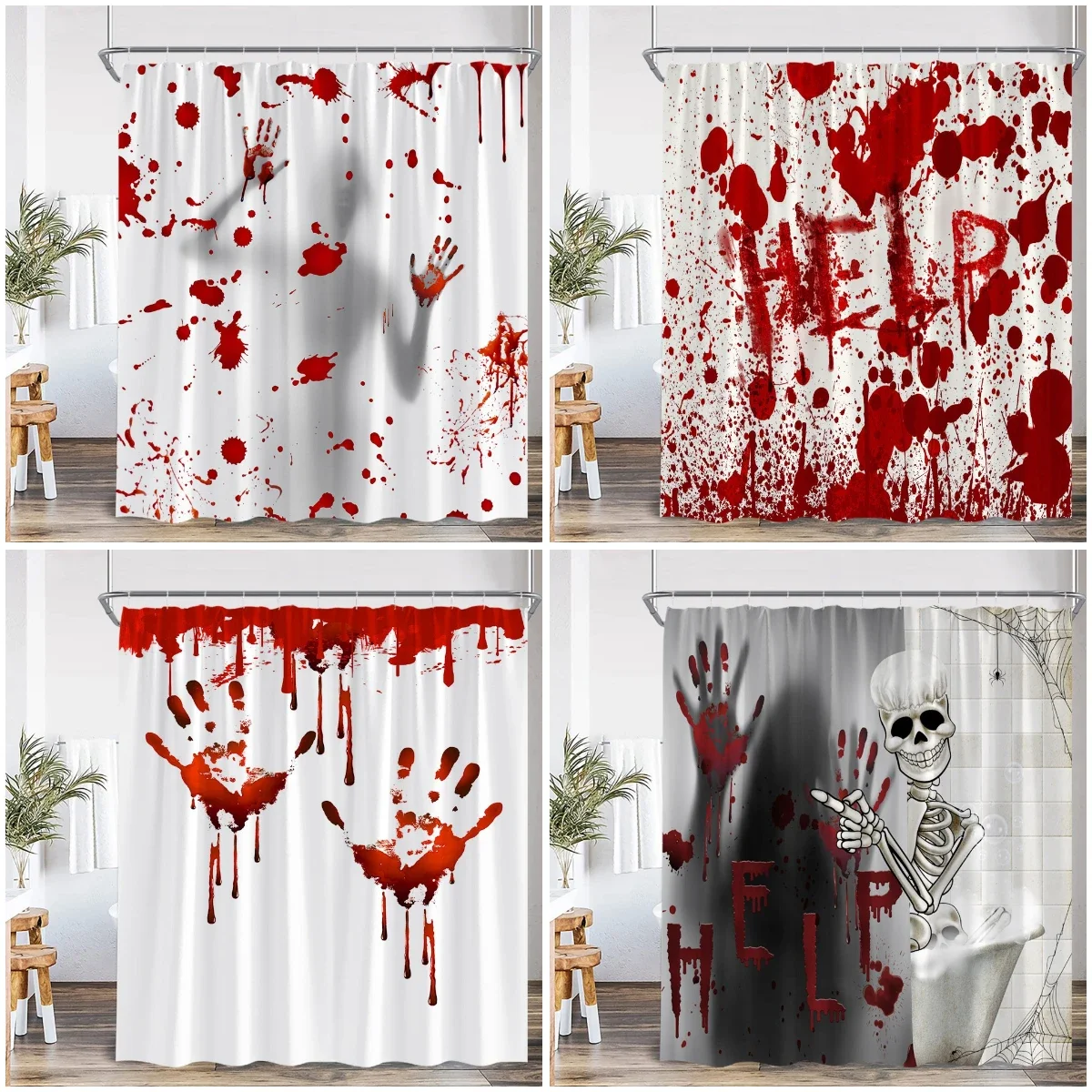 Bloody Handprints Halloween Dripping Blood Help Me Shower Curtain Horror Bathroom Decorations Horrid Bath Curtain with Hooks