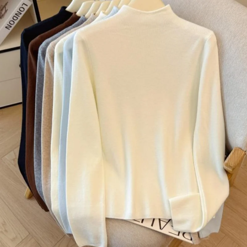 Stand Collar Knitted Long-sleeved Base Shirt Women in Spring Autumn and Winter New Pullover Sweater Tops Underwear Women