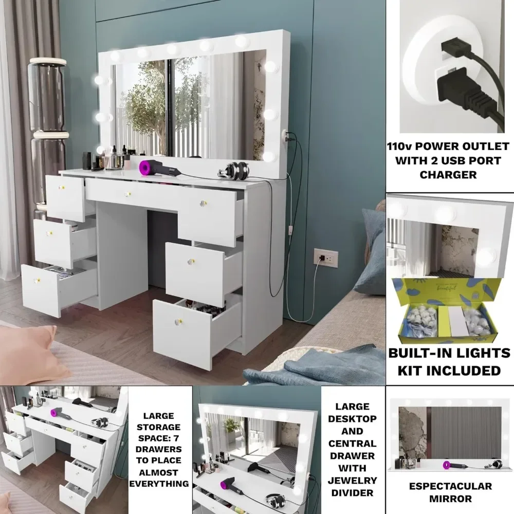 Dressing table with vanity mirror, light, 7 drawers, non glass countertop dressing table, bedroom dressing table