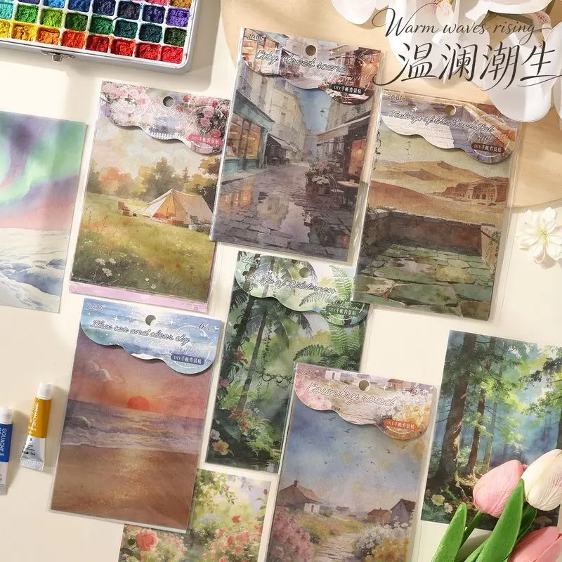6Pcs Water‑Paint City Scene Washi Paper Stickers Building Scenery Decor Stickers for Journal Album DIY Craft Projects