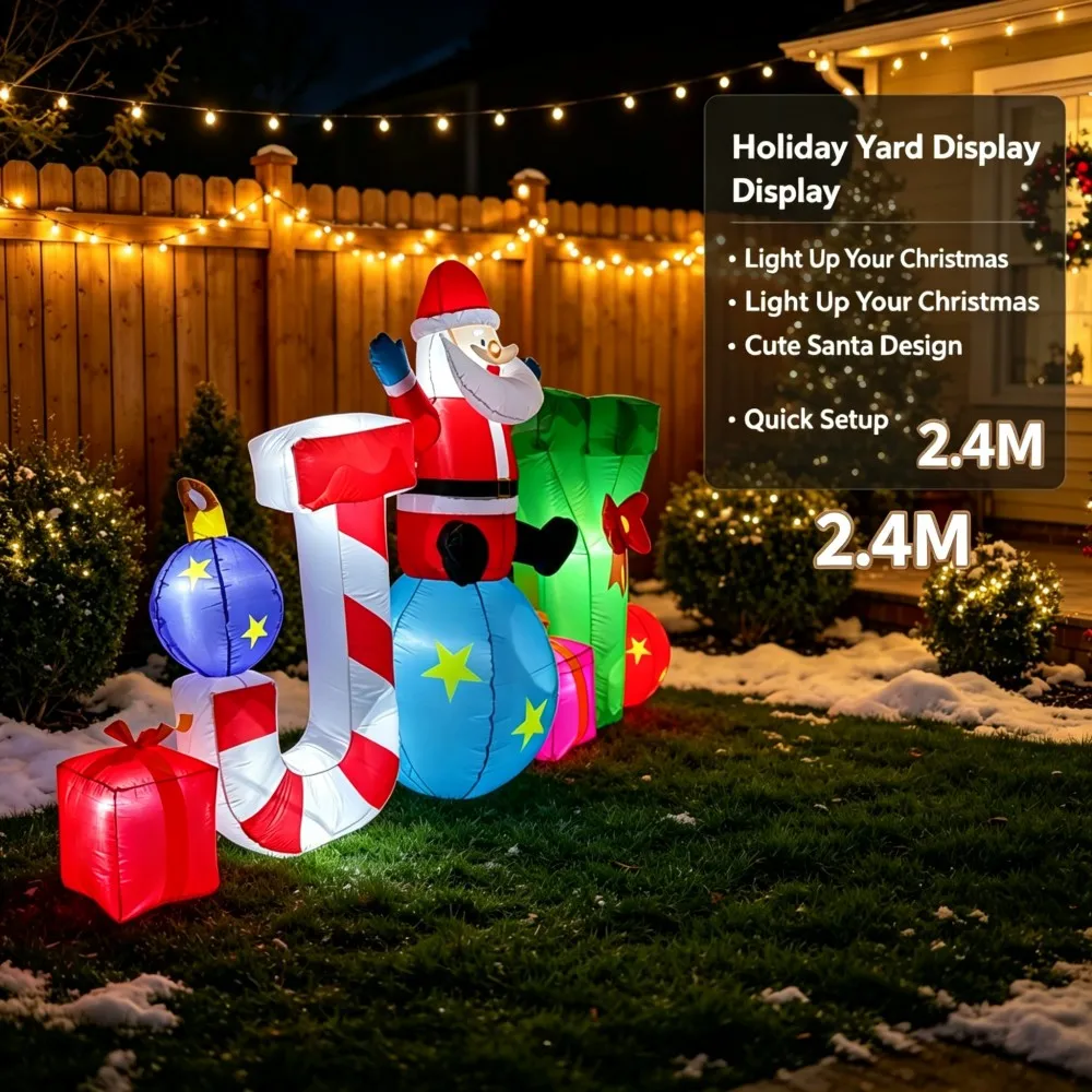 2.4M Christmas Inflatable JOY Letters with Santa Claus Model Built-in LED Lights Large Outdoors Yard Lawn Holiday Party Ornament