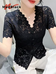 MadBlack European Clothes T-Shirt Women Sexy V Necks Frog Buckle Button Slim Lace Tops Short Sleeve Tees Summer T443122JC