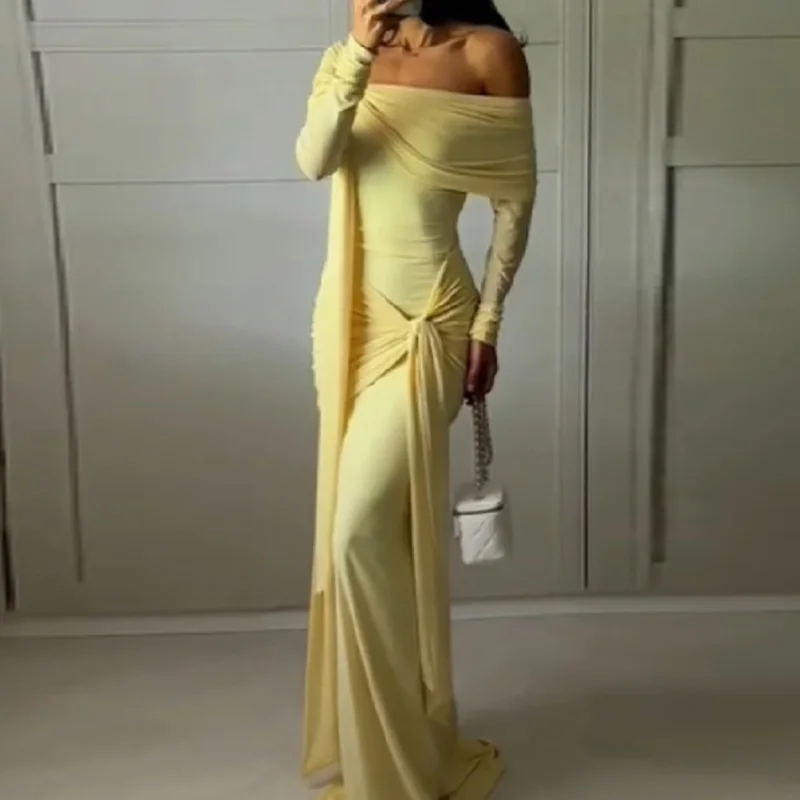 Spring Autumn Off Shoulder Long Sleeve Party Dress Womens Sexy Slash Neck Hollow Long Dress Elegant Lace-up Slim Bodycon Dresses