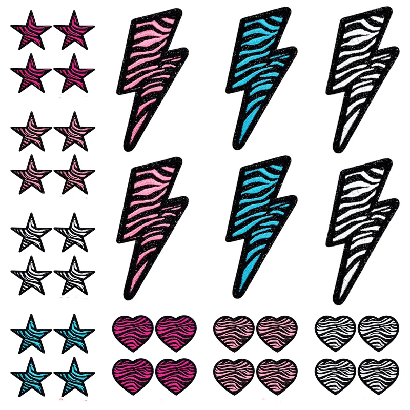 10PCS/Lot Zebra Pattern Hearts Stars Lightning Embroidery Patches Iron On Patches For Clothes Thermoadhesive Patch Fusible Patch