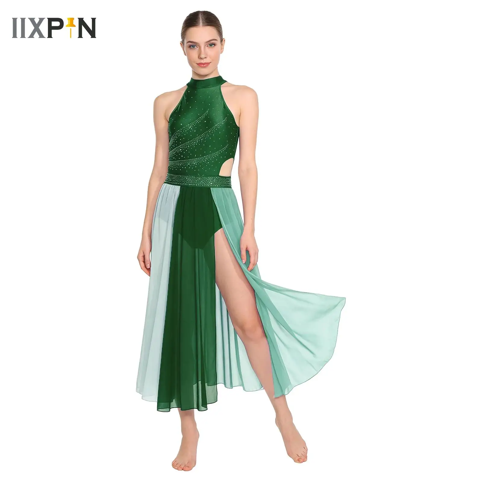 

Women Lyrical Dance Bodysuit Dress Sheer Ballroom Dance Dress Rhinestone Mesh Slit Hem Leotard for Ballet Modern Contemporary