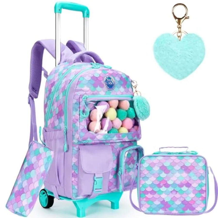 

Cute Rolling Backpacks with Wheels for Girls Aesthetic Rolling Backpack for Elementary with Lunch Box School Trolley Backpack f