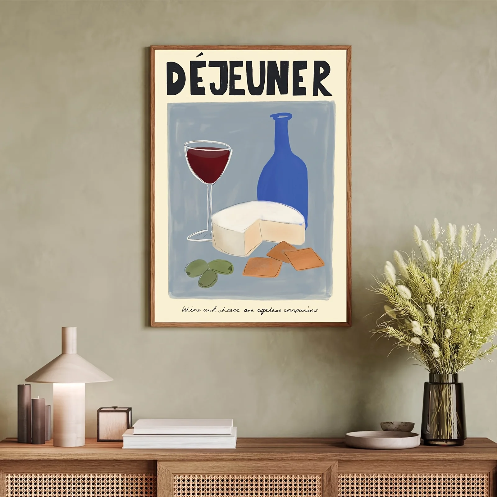 Arte abstracto moderno en lienzo, decoración de pared sin marco con queso, botella de vino y aceitunas, diseño minimalista para sala de estar, dormitorio