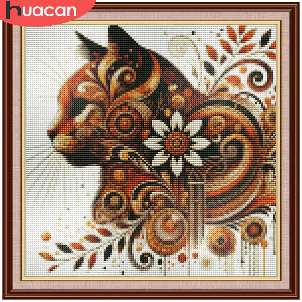 HUACAN Embroidery Kits Cat Animal Printed Pictures Handicrafts Mandala Flower 11CT Hand Sewing DMC Thread Paintings Wall Decor