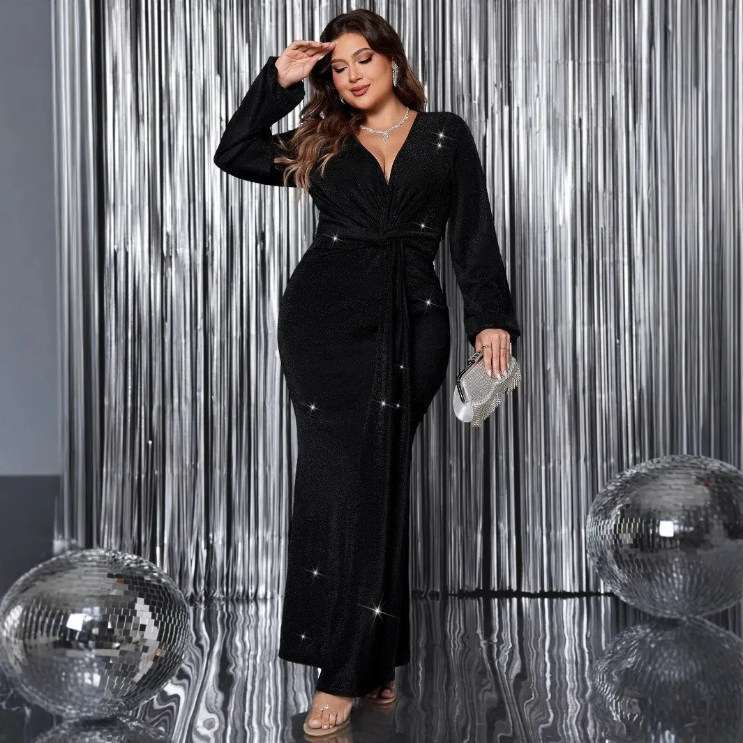 Elegant Party Dress V Neck A Line Dresses Sequin Evening Dress Wrap Front Maxi Dress Floor Length Black for Wedding Guest