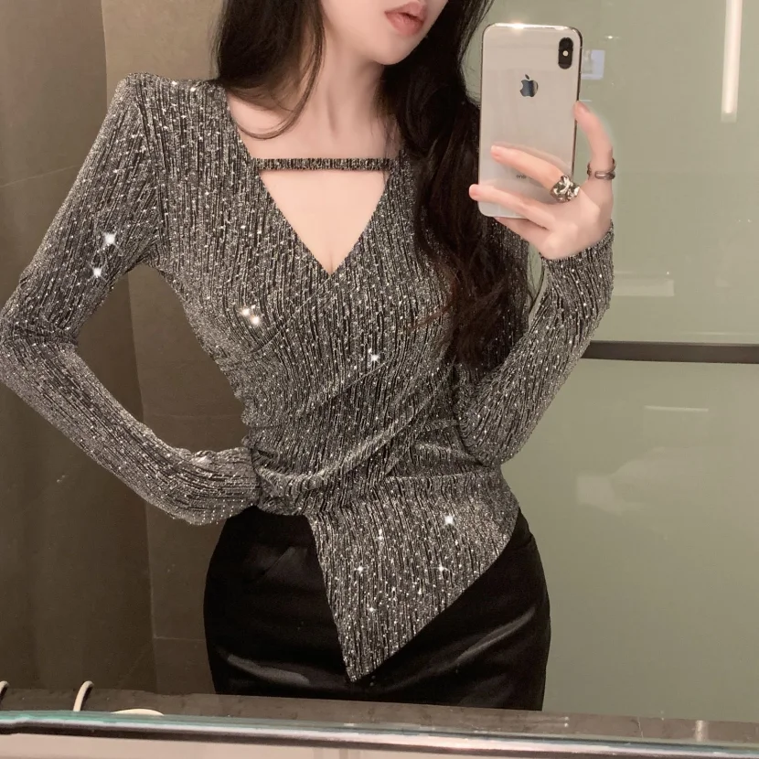 Camiseta Feminina de Manga Longa Slim Fit com Fio Brilhante, Camisa de Camada Base com Efeito Emagrecedor, Top de Moda Femini...