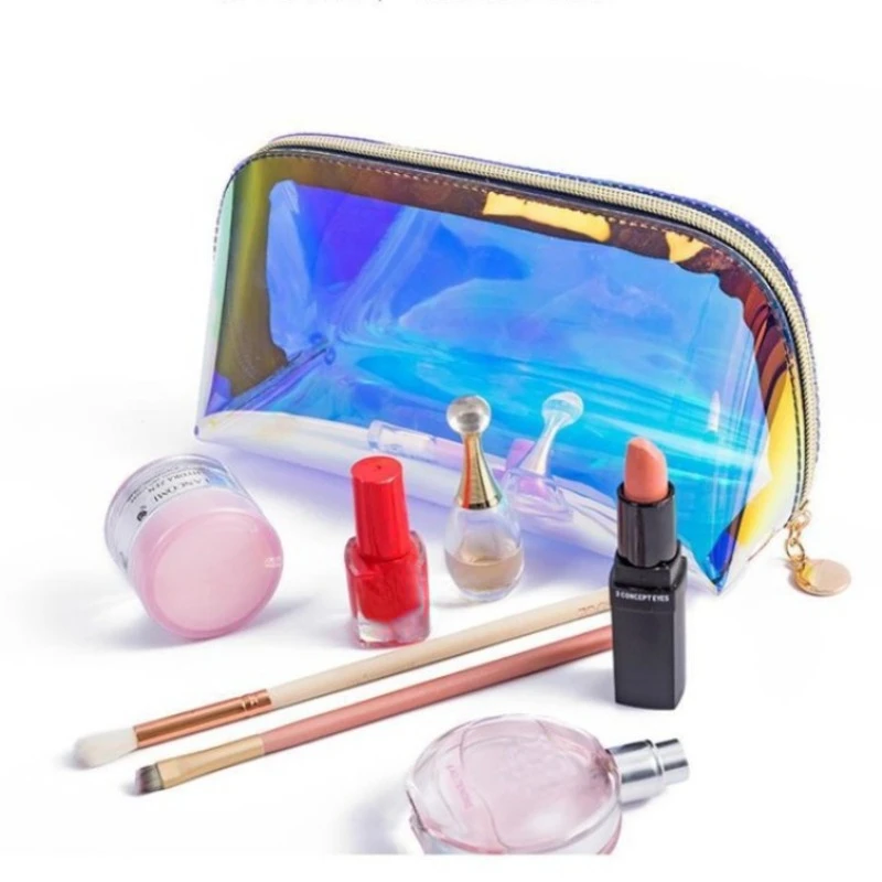 Trousse de maquillage holographique irisée pour femme, trousse de toilette portable, étanche, cosmétique, fermeture éclair, voyage