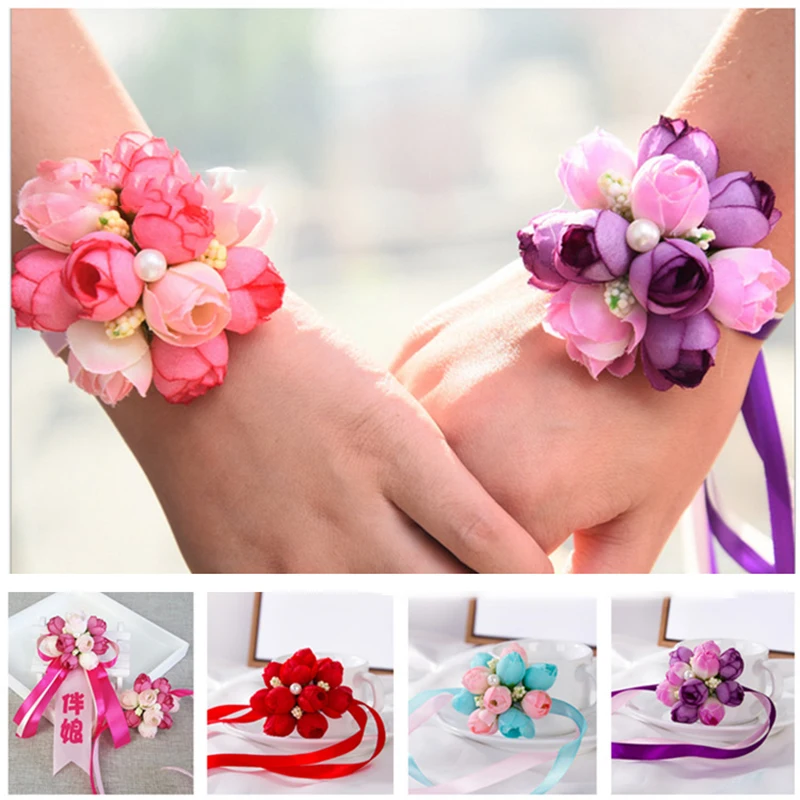 Wedding Silk Flower Bracelet For Bridesmaid Rose Wrist Corsage Bracelet Wedding Groom Boutonniere Pins Marriage Bridal Accessory