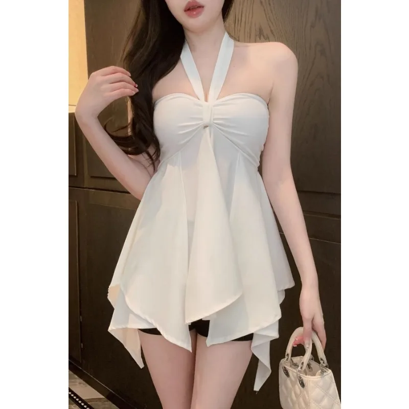 Women's Halter Chiffon Cami Top Asymmetrical Hem Bandeau with Chest Pad