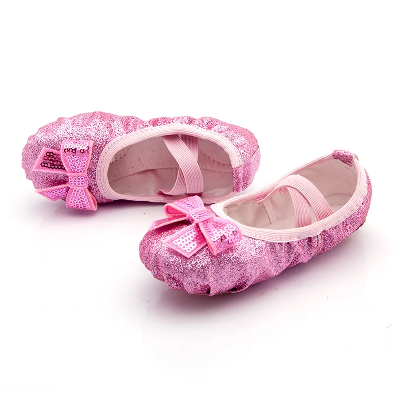 Shiny Pink Blue Bowknot Ballet Shoes for Girls Kids Shoes for Girl Geritide Dance Flat Dancing Shoe with Sequins for Girls