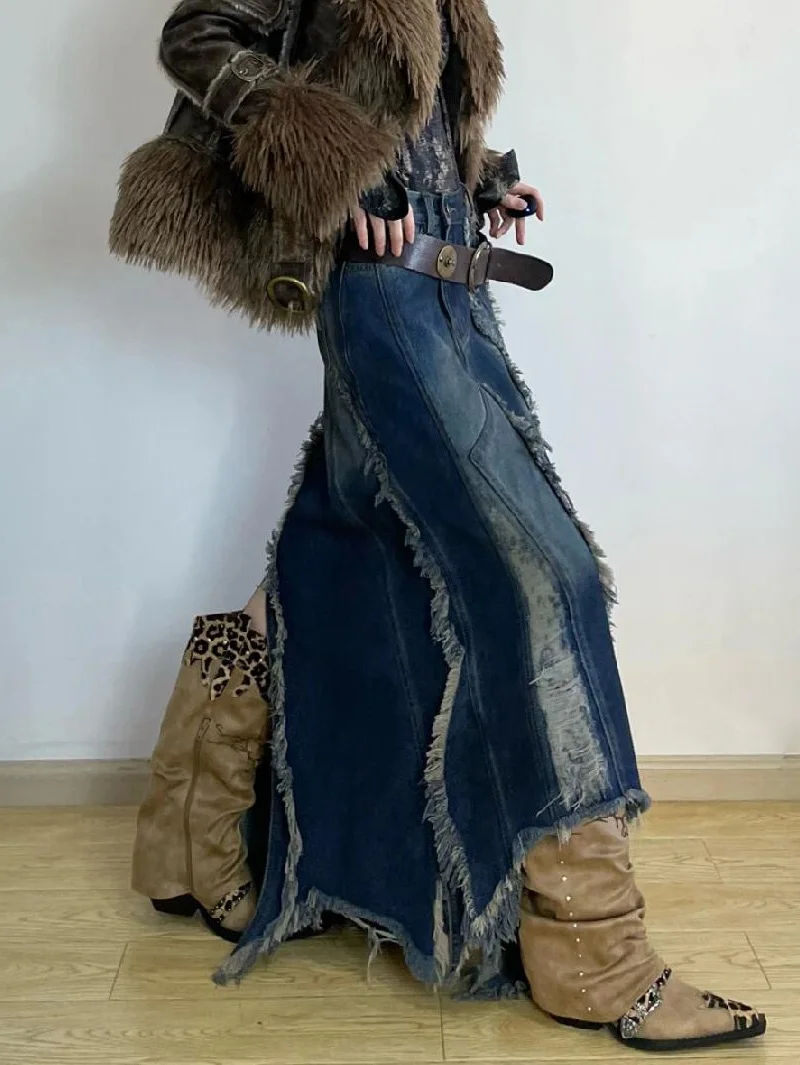 Women Denim Skirt Y2k Emo 2000s Clothes Long Skirt Harajuku Korean 90s Fashion Vintage Gradient A-line Jean Skirt Grunge Clothes