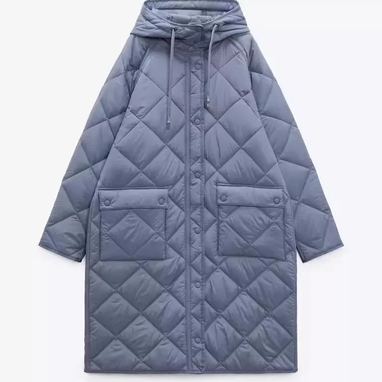 

Модное повседневное пальто миди с капюшоном, с ромбовидным узором, из хлопка, осенне-зимняя новинка, прямой крой, длинный рукав, на молнии