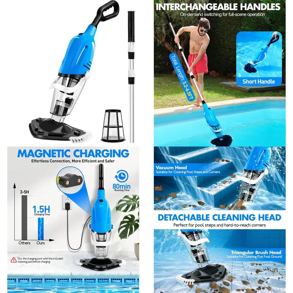 Handheld Above Ground Pool Vacuum Cleaner with Magnetic Charging, Anti-Backflow, 18.5 GPM Suction, 80-Minute Runtime