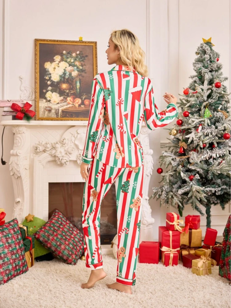 طقم بيجامات عيد الميلاد للسيدات - بنطال بأكمام طويلة مطبوع عليه خبز الزنجبيل، ملابس مريحة للاحتفالات لقضاء عطلة الشتاء #4