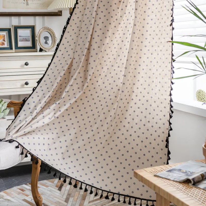 

Cotton Linen Curtain Japanese-style small flower Style Print Curtain Semi-shading Bay Blackout Window Bedroom Living Room