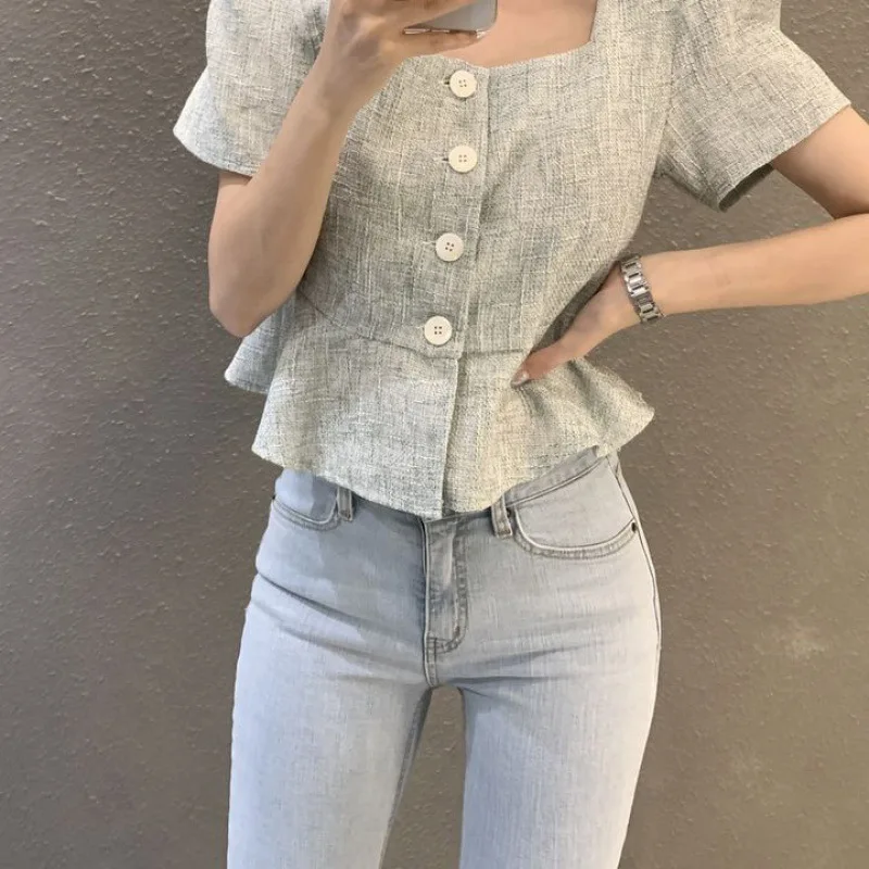 Temperament Square Neck Short Sleeved Ruffled Edge Pink Tweed Small Jacket Top Blouses 2024 Shirts for Women Summer Blusas