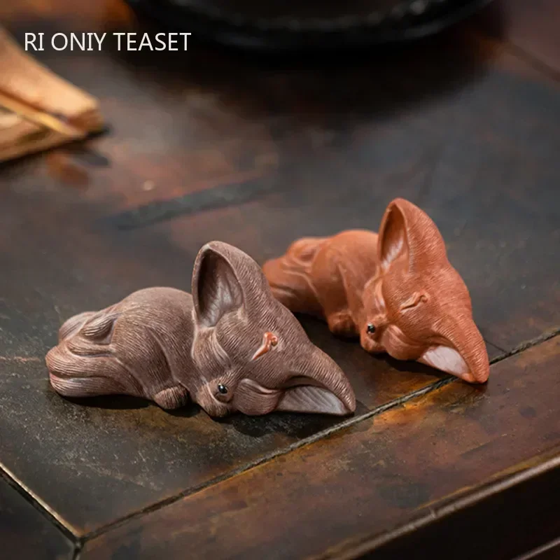 Chinese Yixing Purple Clay Sculpture Tea Pet Lucky Fox Statue Art Ornaments Animal Tea Figurine Crafts Home Tea Set Decors Gifts