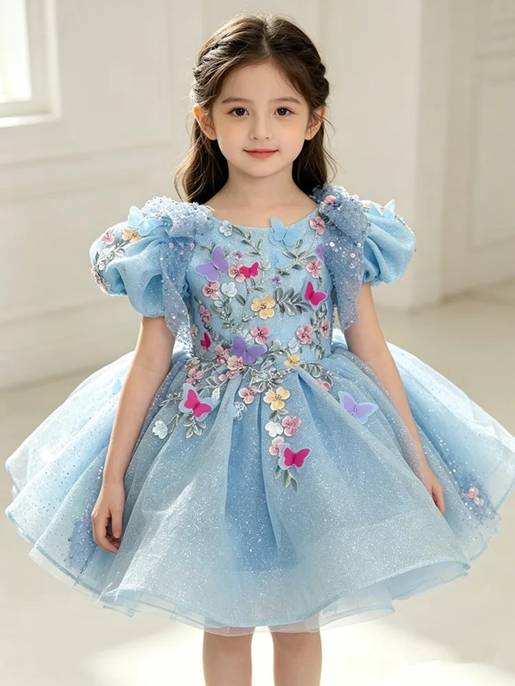 Blaues Prinzessinnenkleid für Mädchen mit 3D-Schmetterlings- und Blumenapplikationen, Puffärmeln, Tüllrock, Kindergeburtstag, Hochzeit, Party, Festzug, Kostüm A5127 – Detail 5