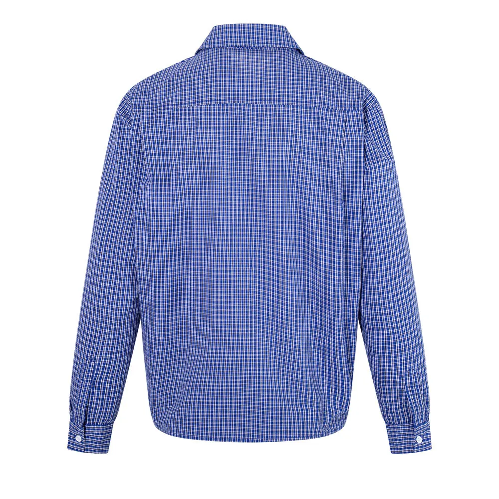 MWJLPWQ Fake Two-Piece Deep V-Neck Plaid Shirt Long-Sleeve Men Trendy Unique Design Loose Pullover Turn-Down Collar Tops 17477
