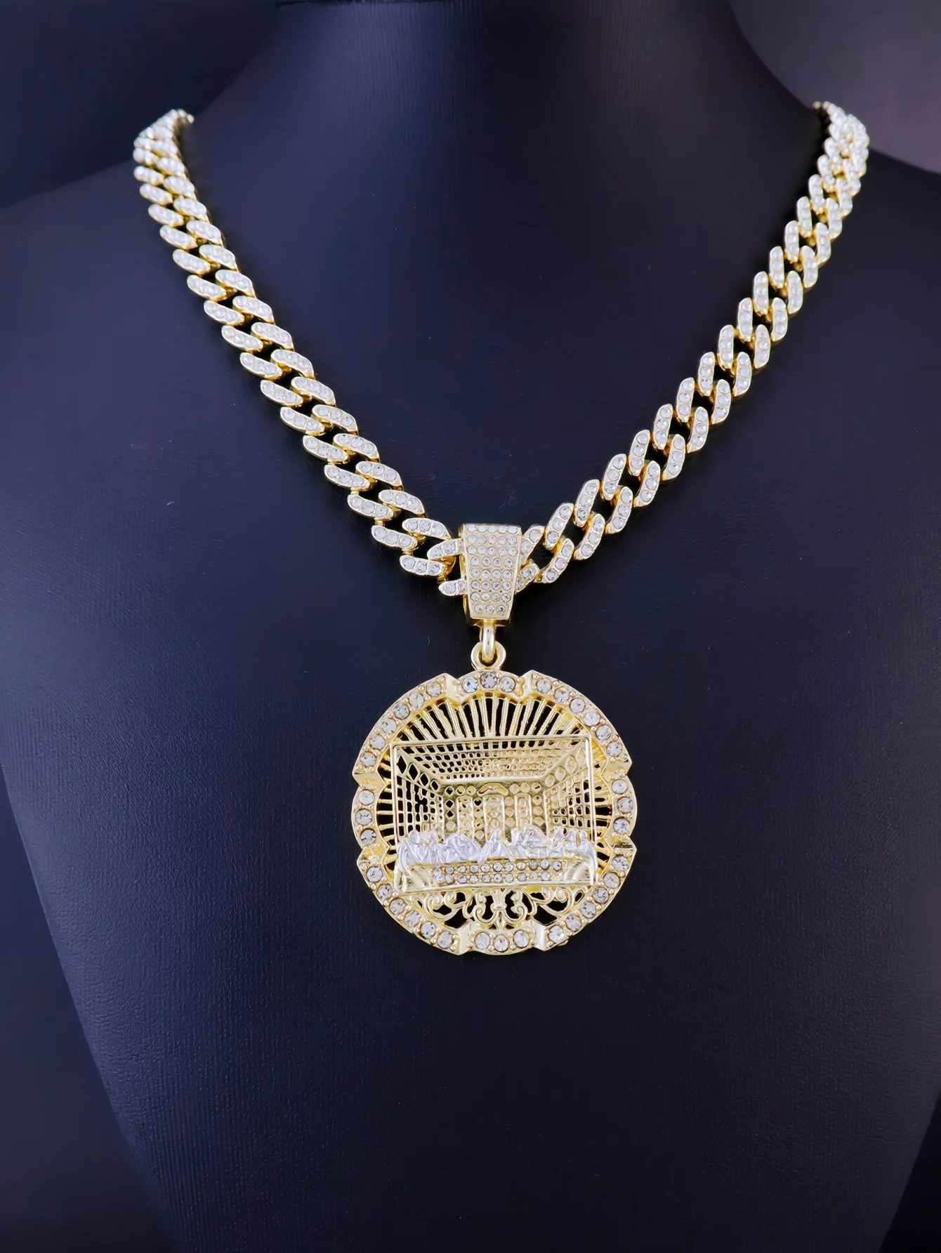 1 Piece 14K Gold Plated Hip Hop Punk Style Round Medallion Last Supper Pendant with Cuban Chain Cross Charm with Figaro Style