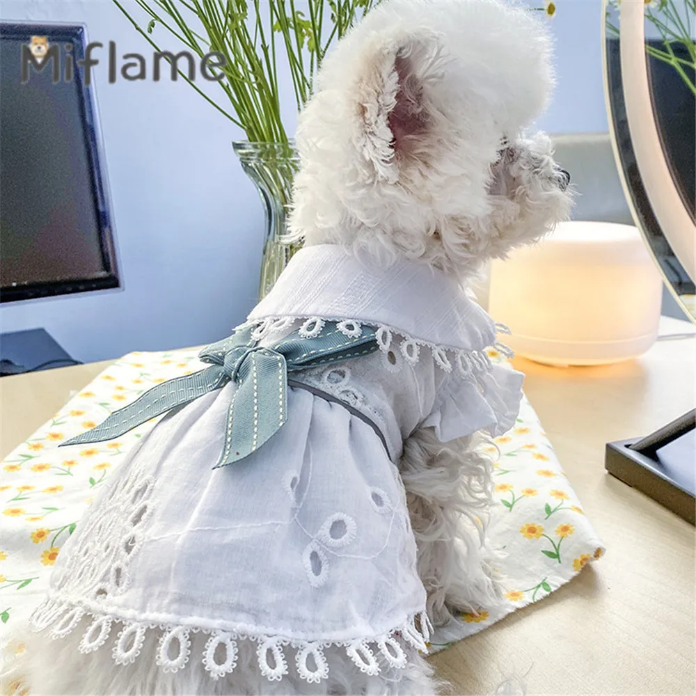 Miflame Bow Knot Hollow Skirt Small Medium Dog Costumes Teddy Bichon Papillon Noble Princess Dress For Puppies Pet Cat Clothing