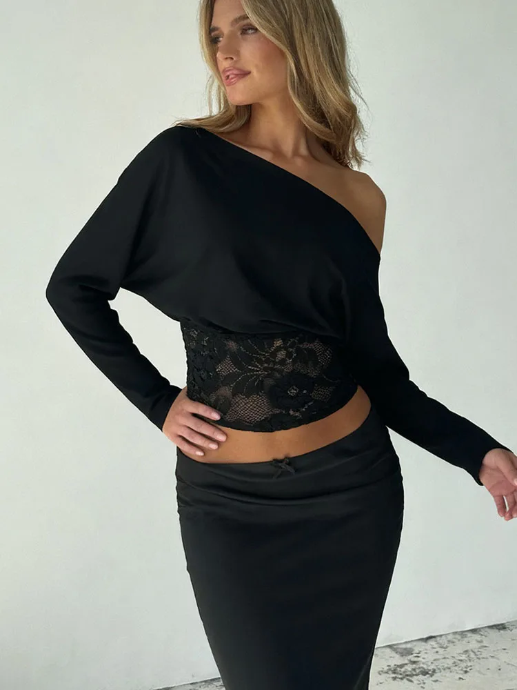 

BKQU Lace Patchwork Sexy Off Shoulder T-Shirt Women 2026 Spring Long Sleeve See Through Slim Y2K Inclined Collar Top Party Club