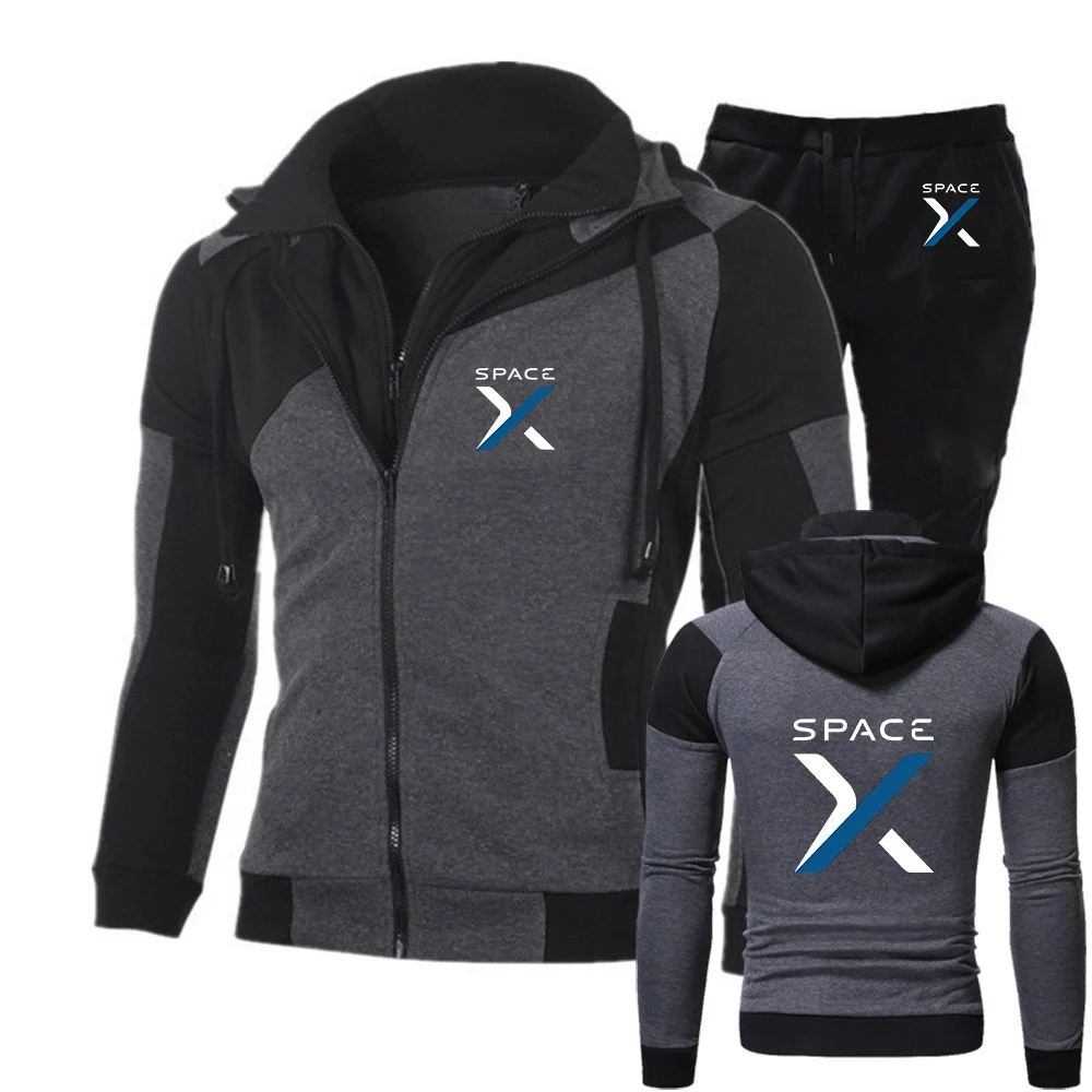 

2026 SpaceX Space X Logo Print Spring And Autumn Men's New Casual Diagonal Zipper Sweatshirt + Long Pants Jogging Sports Suit