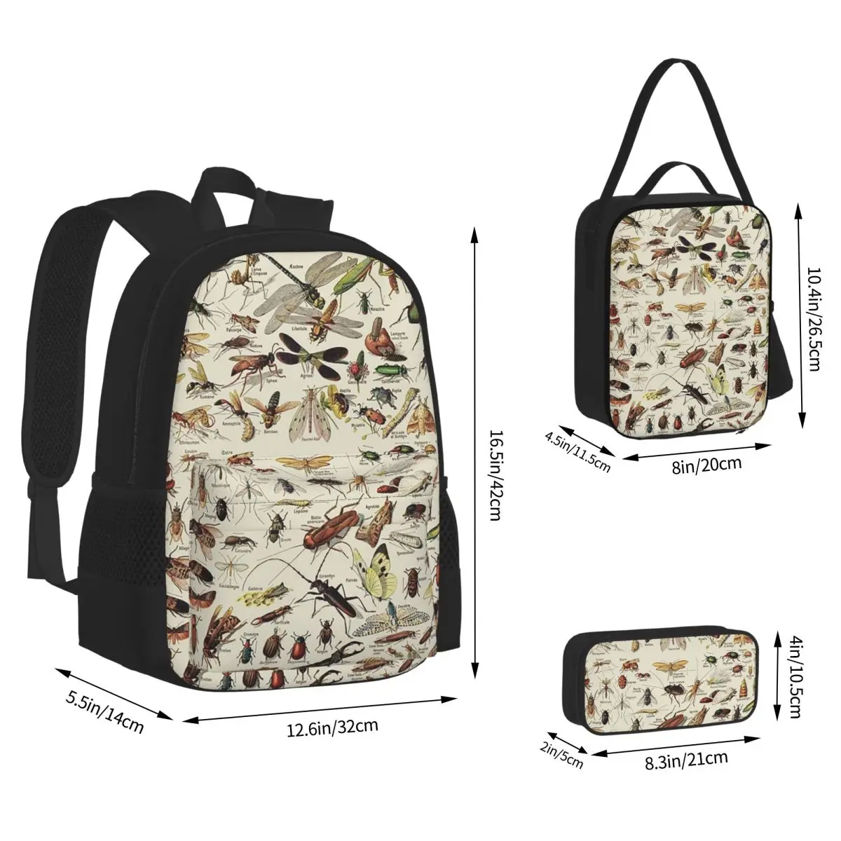 Insects Chart. Scientific Illustration, Text In French Backpacks Bookbag School Bags Rucksack Lunch Bag Pen Bag Three-Piece Set